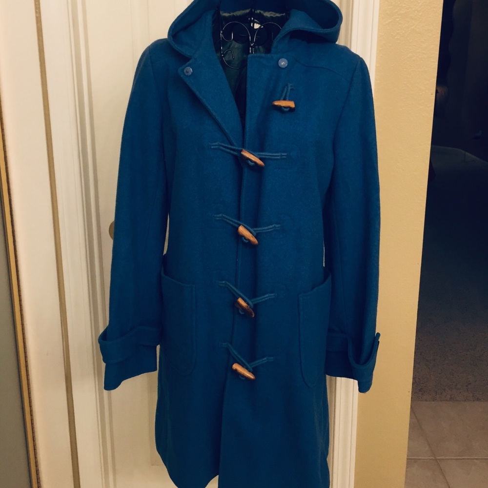 J Crew Hooded Wool Dusty Blue Lined Duffle Jacket